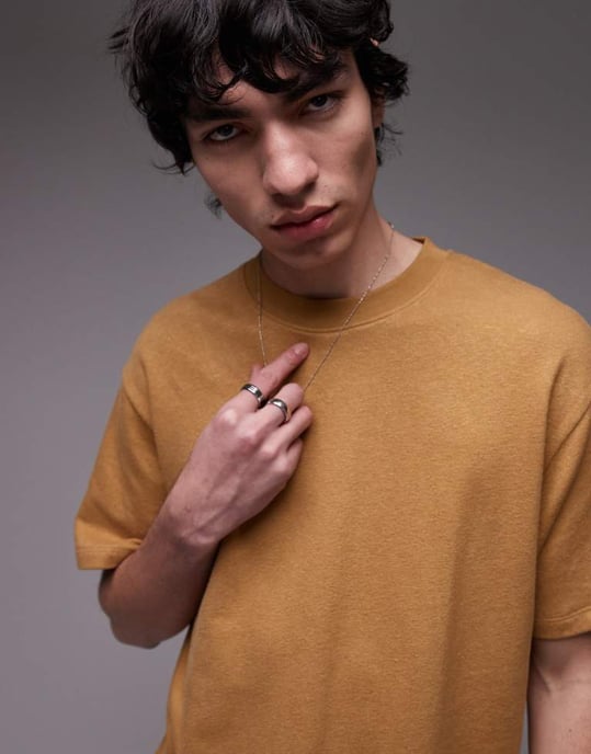 Topman avslappnad passform t-shirt med linneblandning i senap - Image 4