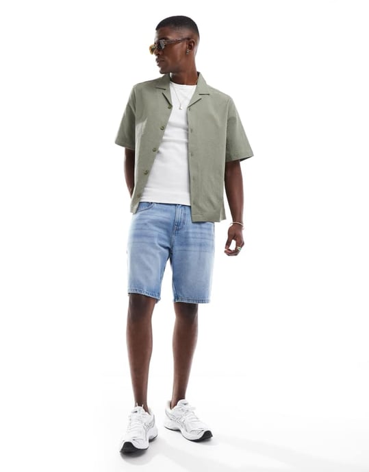 ASOS DESIGN boxy revere seersucker shirt in khaki - Image 1