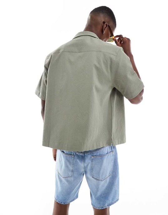 ASOS DESIGN boxy revere seersucker shirt in khaki - Image 2