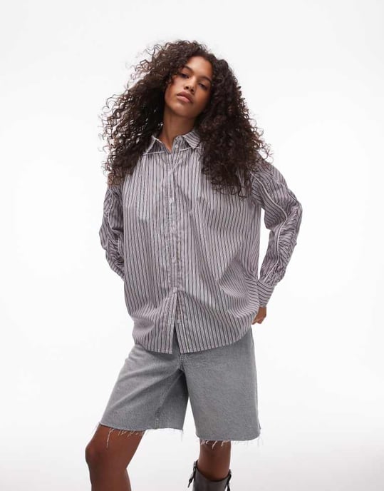 Resume oversized stripe boyfriend shirt with contrast piping and ruching - Image 1