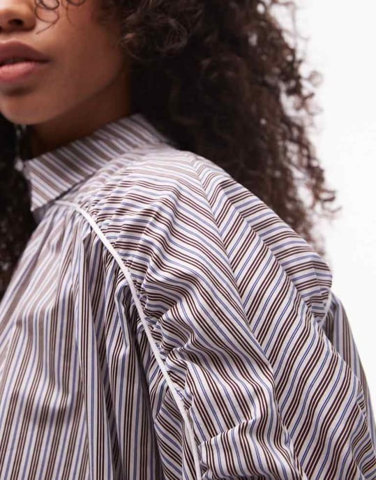 Resume oversized stripe boyfriend shirt with contrast piping and ruching - Image 2