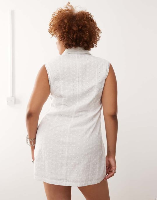 Noisy May Curve tie front broderie polo dress in white - Image 2