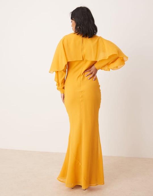 ASOS DESIGN Petite long sleeve ruffle bias maxi dress with cape detail in orange - Image 1