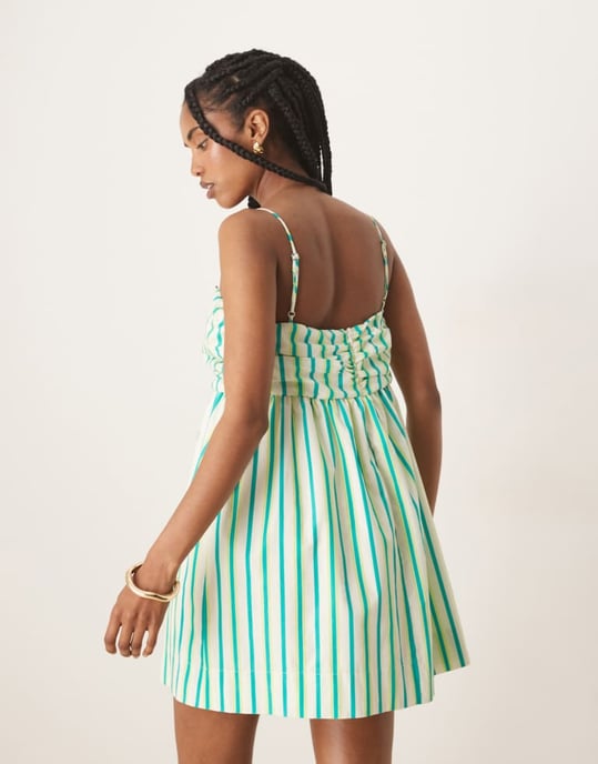 ASOS DESIGN ruched bust button down bandeau mini dress in blue and yellow stripe - Image 1