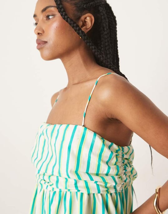 ASOS DESIGN ruched bust button down bandeau mini dress in blue and yellow stripe - Image 2