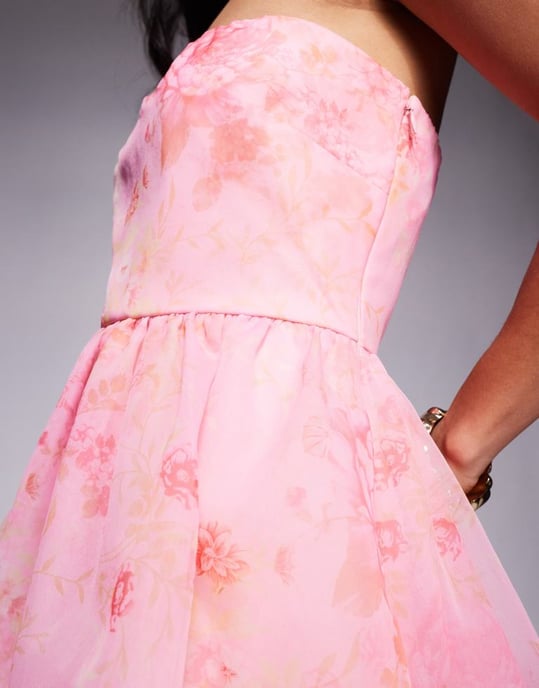 Lace & Beads Petite organza babydoll micro mini dress in baby pink floral - Image 2