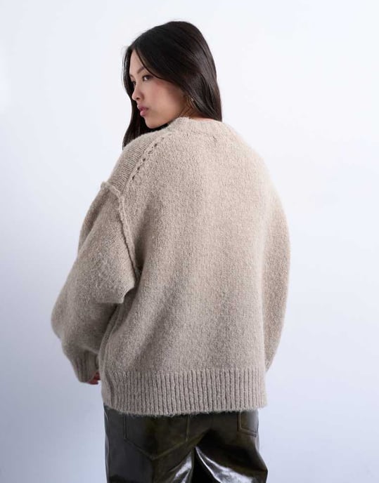 Topshop knitted wool blend fluffy exposed seam easy jumper in oat - Image 2