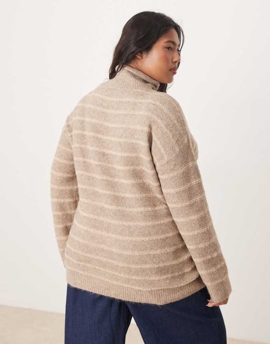 Vila Curve high neck textured knitted jumper in tonal beige stripe - Image 2