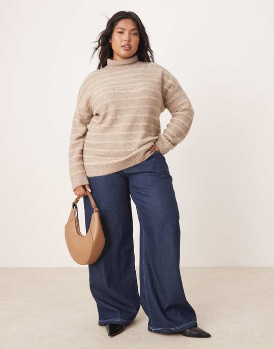 Vila Curve high neck textured knitted jumper in tonal beige stripe - Image 3