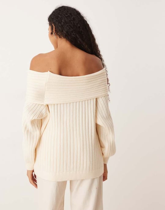 ASOS DESIGN oversized rib knit off shoulder jumper with balloon sleeve in ecru - Image 2