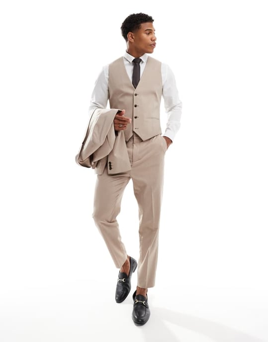 ASOS DESIGN slim suit waistcoat in tonal neutral prince of wales check - Image 3