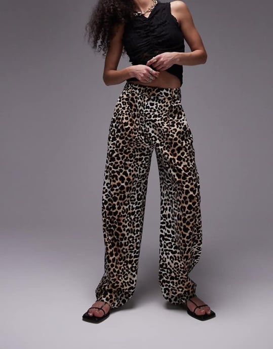 Topshop leopard print linen pleated wide leg trouser in multi - Image 1