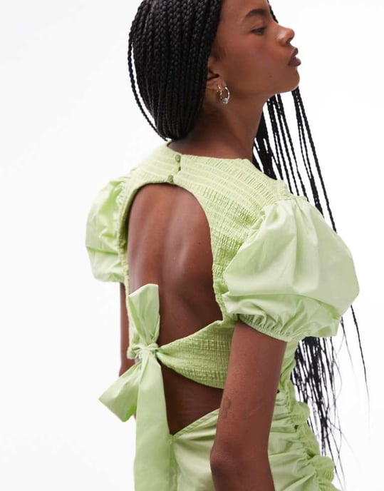 LAAGAM boa ruched front midi dress with puff sleeves in green - Image 2