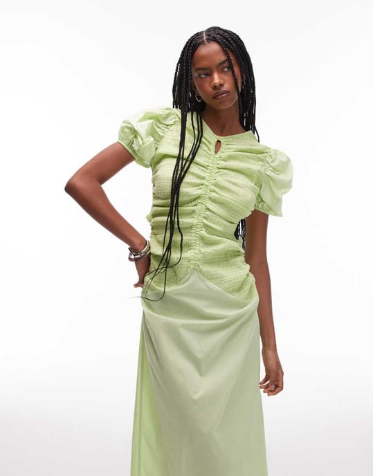 LAAGAM boa ruched front midi dress with puff sleeves in green - Image 3