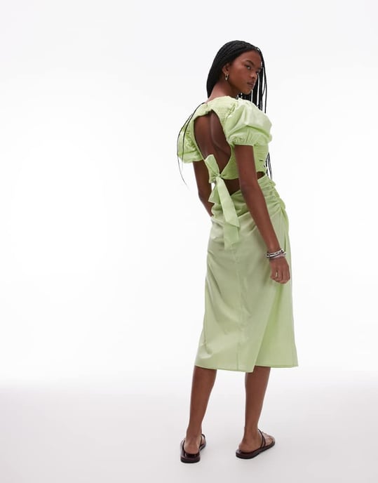 LAAGAM boa ruched front midi dress with puff sleeves in green - Image 4