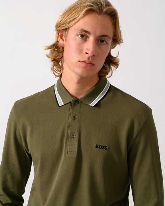 Long Sleeve Logo Detail Polo Shirt in Olive - Image 2