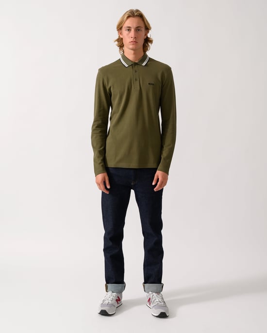 Long Sleeve Logo Detail Polo Shirt in Olive - Image 3