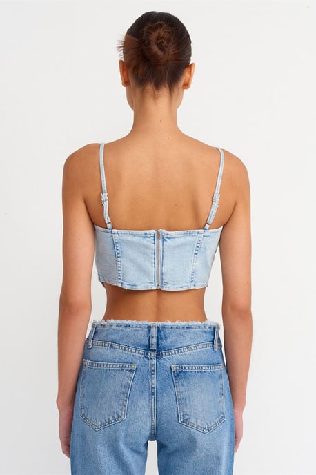 Tajtat Crop Denim Top med Fyrkantig Halsringning - Image 2