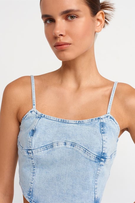 Tajtat Crop Denim Top med Fyrkantig Halsringning - Image 4