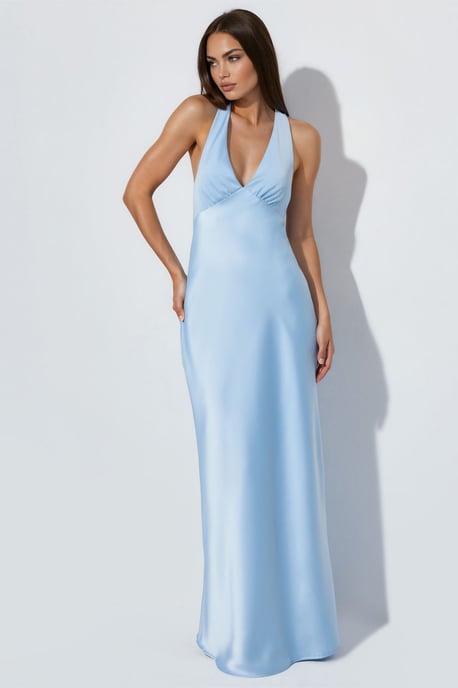 Halter Neck V-Neck Satin Maxi Dress - Image 2