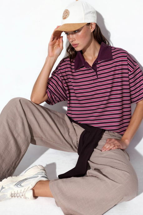 Striped Oversized Fit Polo T-Shirt - Image 1