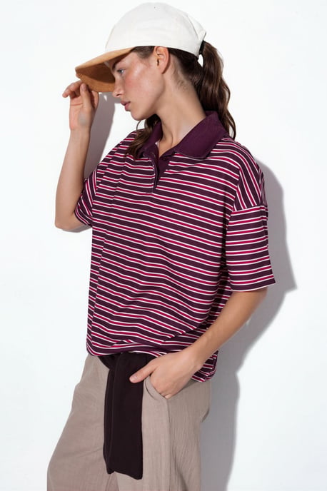 Striped Oversized Fit Polo T-Shirt - Image 2