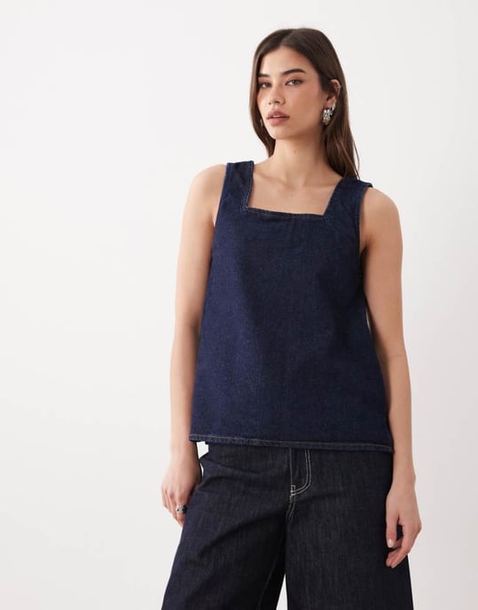 ASOS DESIGN denim a line shift dress in mid blue - Image 1