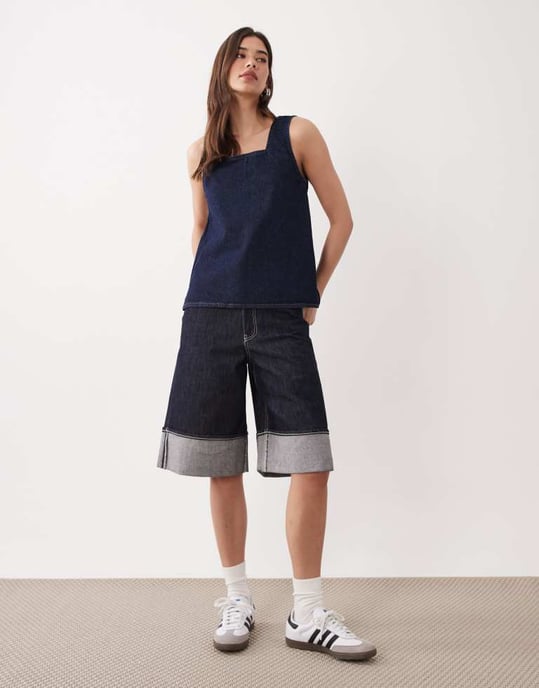 ASOS DESIGN denim a line shift dress in mid blue - Image 2