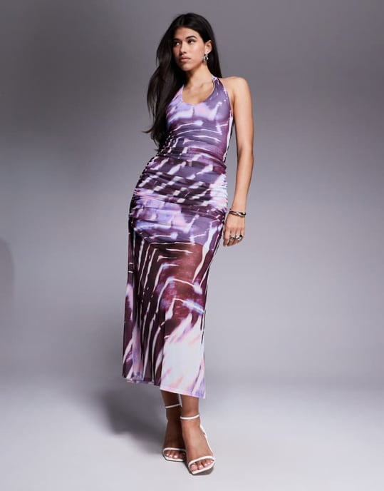 ASOS DESIGN halter with ruching mesh maxi dress in abstract zebra print - Image 1