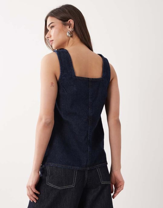 ASOS DESIGN denim a line shift dress in mid blue - Image 4