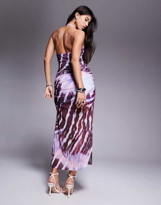 ASOS DESIGN halter with ruching mesh maxi dress in abstract zebra print - Image 3
