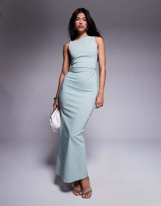 Vesper bengaline high neck open back maxi dress in sage - Image 2
