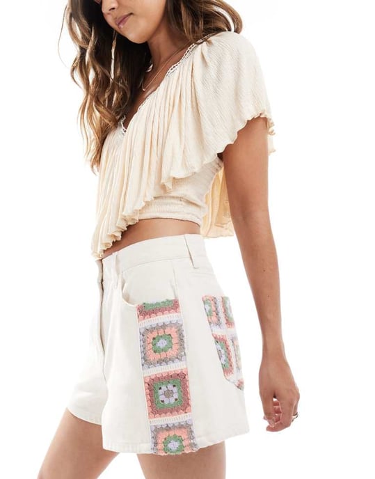 ASOS DESIGN denim dad short with crochet insert in ecru - Image 2