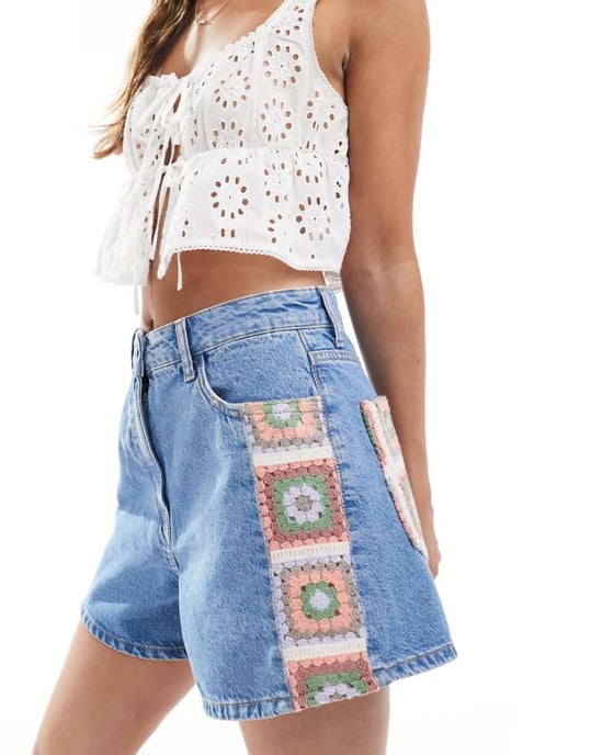 ASOS DESIGN denim dad short with crochet insert in mid blue - Image 1