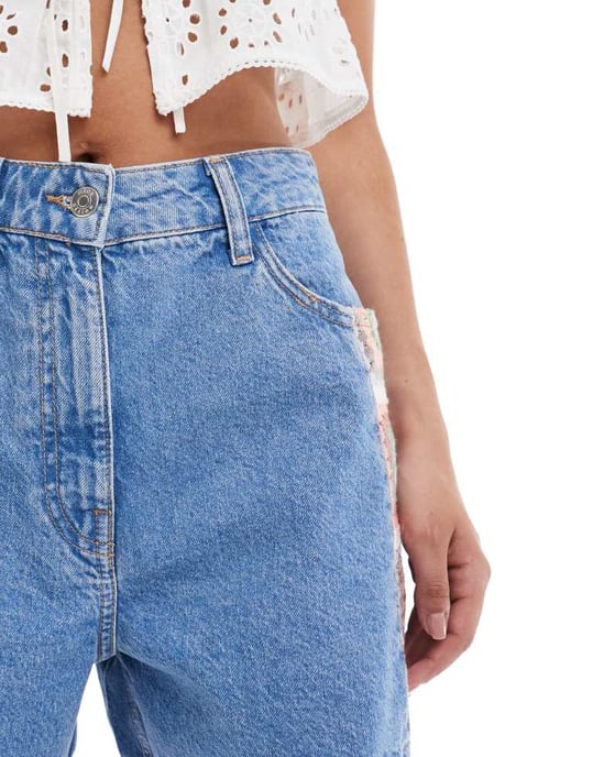 ASOS DESIGN denim dad short with crochet insert in mid blue - Image 4