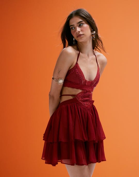 ASOS DESIGN crochet and faux suede bust cut out mini dress with tiered skirt in deep pink - Image 1