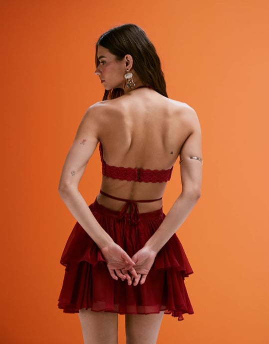 ASOS DESIGN crochet and faux suede bust cut out mini dress with tiered skirt in deep pink - Image 3