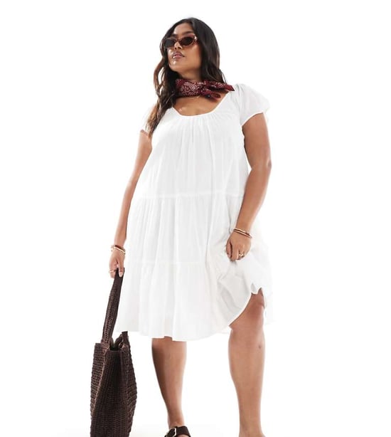 ONLY Curve scoop neck tiered boho midi dress in white - Image 1