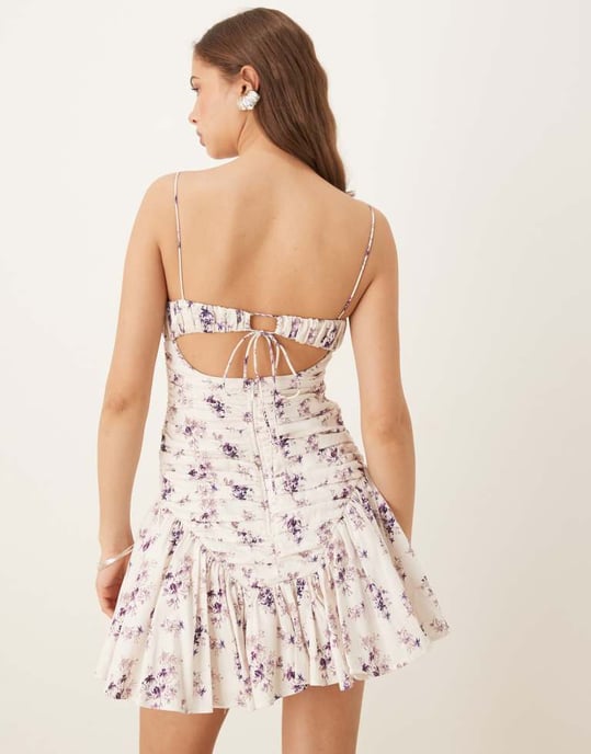 ASOS DESIGN cami ruched bust full skirt mini dress in ivory ditsy floral - Image 4