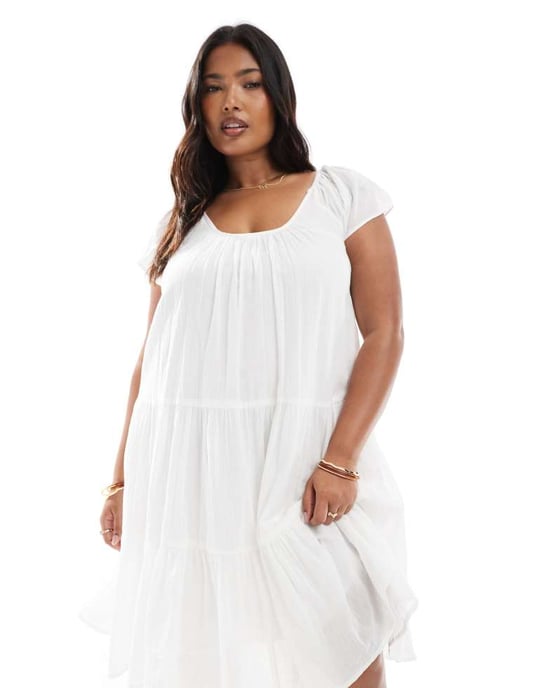 ONLY Curve scoop neck tiered boho midi dress in white - Image 2