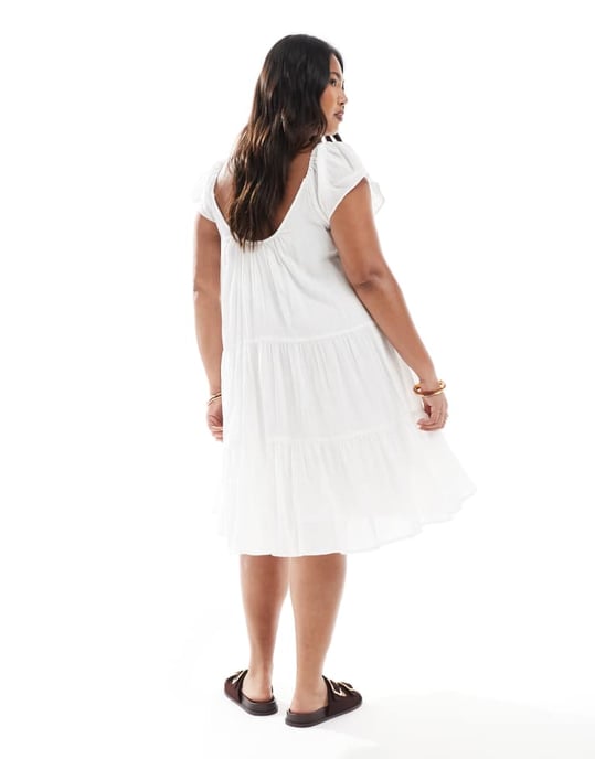ONLY Curve scoop neck tiered boho midi dress in white - Image 4