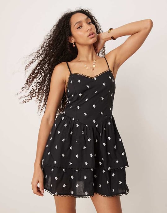 Gina Tricot strappy tiered ruffle summer mini dress in black floral - Image 2