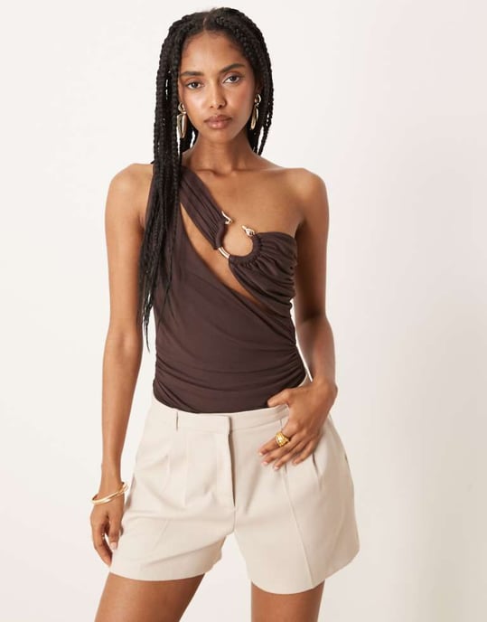 ASOS DESIGN one shoulder gold detail mesh bodysuit in chocolate - Image 1