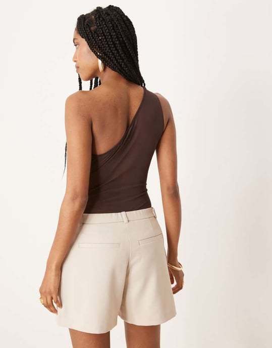 ASOS DESIGN one shoulder gold detail mesh bodysuit in chocolate - Image 4