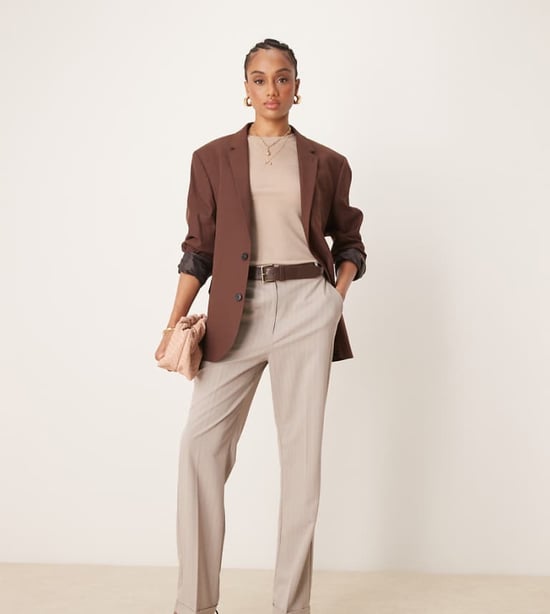 ASOS DESIGN Tall tailored slim straight trousers with belt in mink stripe - Image 1