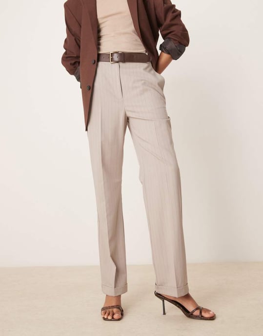 ASOS DESIGN Tall tailored slim straight trousers with belt in mink stripe - Image 2