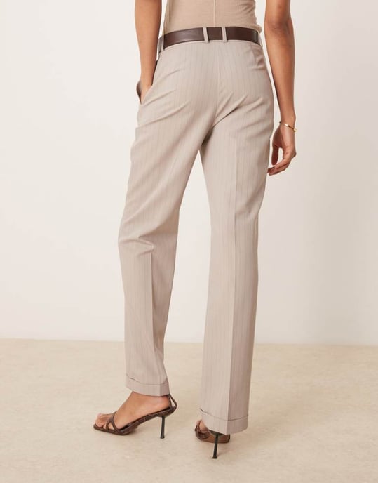 ASOS DESIGN Tall tailored slim straight trousers with belt in mink stripe - Image 4