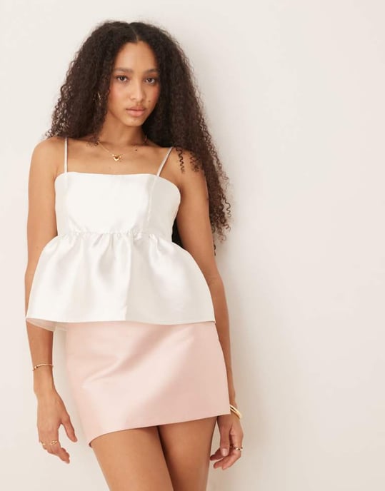 Gina Tricot satin volume peplum top in off white - Image 1