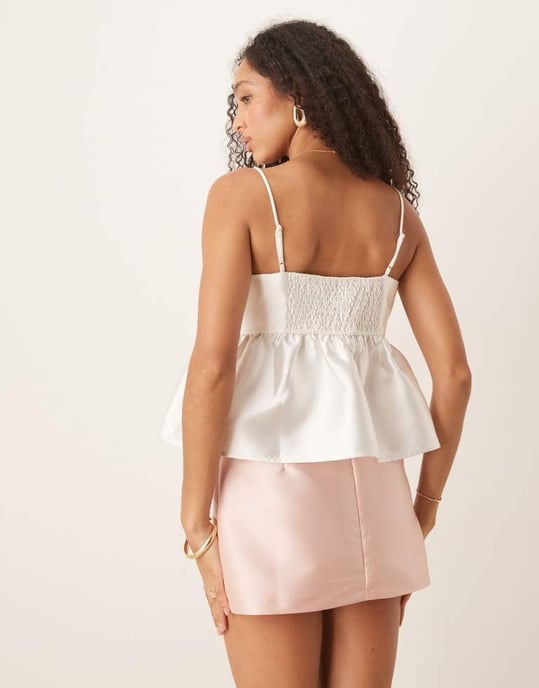 Gina Tricot satin volume peplum top in off white - Image 3