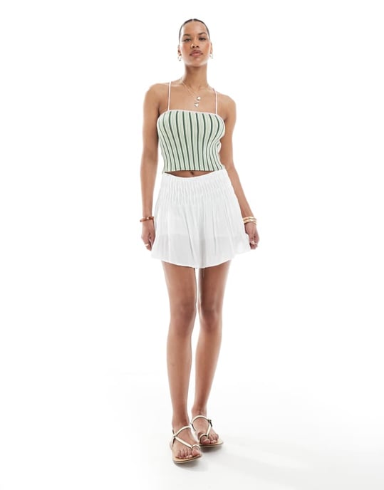 Pieces textured knit cropped top with cami straps in green stripe - Image 2